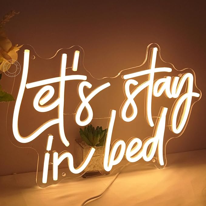 SYLHOME Let's Stay In Bed Led Neon Light Up Sign Bedroom Hotel Apartment Wall Sign Decor Night Slumber Party Birthday Wedding Party Decor Gifts15.75"X10.24" USB Warm