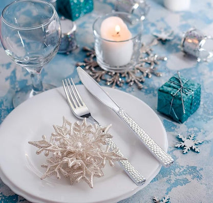 Supernal 360pcs Silver Plastic Cutlery,Elegant Plastic Silverware,Silver Hammed Silverware,Disposable Flatware,Include 120 Forks,120 Knvies,120 Spoons,Perfect for Birthday,Party,Wedding