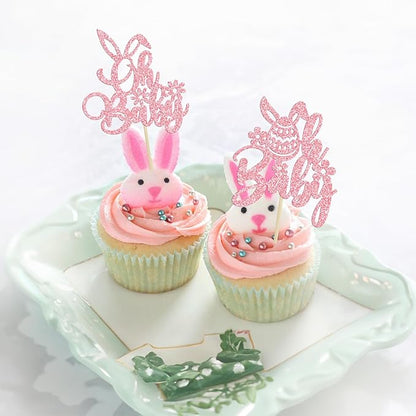 Ephlyn 24PC Happy Oh Baby Cupcake Toppers - Pink Glitter Bunny Babyshower Cake Topper Decorations - Birthday Party Supplies