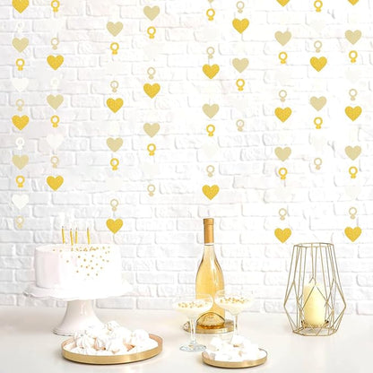 Engagement Bachelorette Party-Decorations White-Gold Garland - 52Ft Heart Ring Wedding Paper Streamers Banner, Galentines. Proposal Decor Lasting Surprise