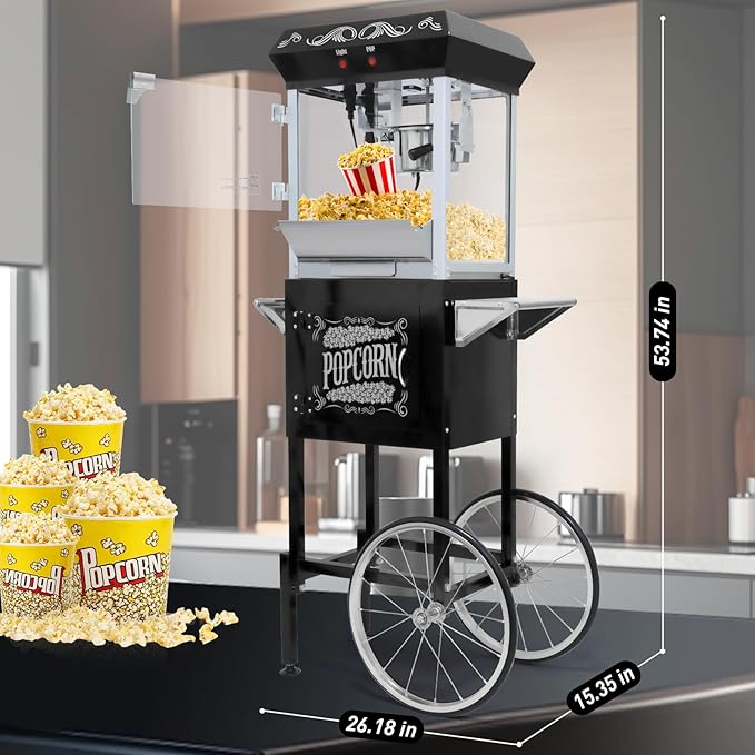 Commercial Popcorn Machine with Cart in Sleek Black - 8oz Kettle Pops 32 Cups/Batch, with Warming Lamp, Glass Door & Wheels for Theater, Parties