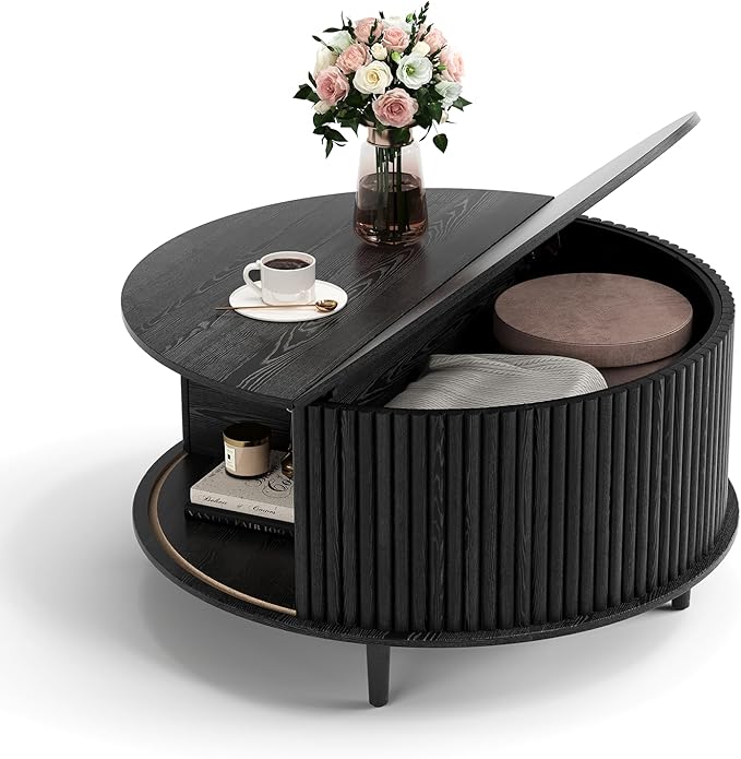 Black Round Coffee Table with Storage, 31.5" Fluted Center Table with Sliding Door, Modern Circle Drum Accent Table for Living Room, Sleek Wood Furniture for Small Spaces & Apartments