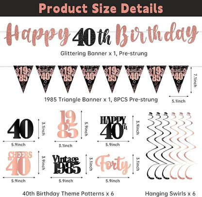 40th Birthday Decorations for Women, Black Rose Gold Happy 40th Birthday Banner Hanging Swirls Vintage 1985 Decorations Kit Cheers to 40 Party Supplies