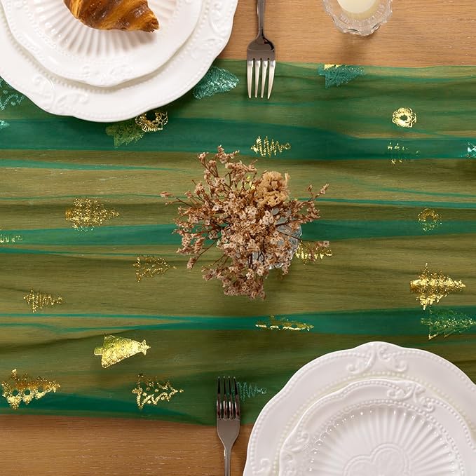 Emerald Green Gold Table Runner for Christmas Sheer Gauze Cheesecloth 120 Inch with Glitter Holiday Party Decor for Family Gatherings Dining Table Home Celebration