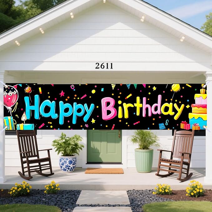 Nuxovilar Happy Birthday Banner Decorations 17.72x78.74 Inch Colorful Gifts Theme - Polyester for Indoor Outdoor Birthday Party Decor