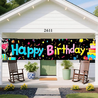 Nuxovilar Happy Birthday Banner Decorations 17.72x78.74 Inch Colorful Gifts Theme - Polyester for Indoor Outdoor Birthday Party Decor