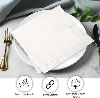 Urban Villa Cloth Napkins Ivory Hemstitch Dinner Napkins Set of 12 (20X20) 100% Cotton Absorbent Washable Durable Reusable Ideal for Hotel Collection Christmas Parties Restaurant Lunch Dinner Napkins