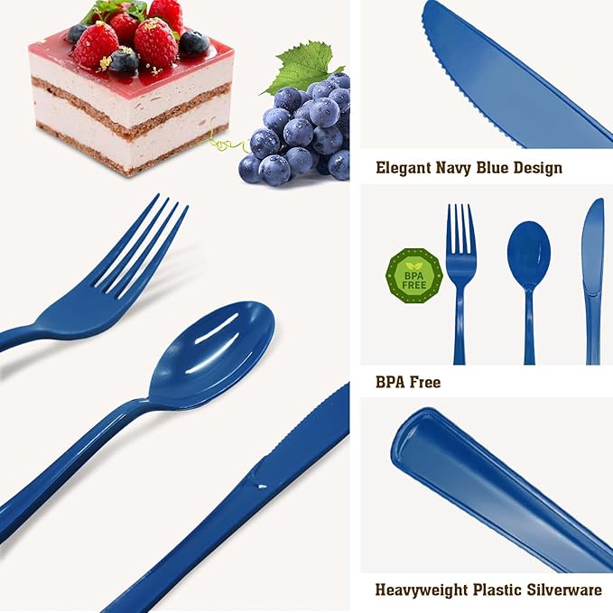 150 Pack Blue Plastic Silverware, Navy Blue Plastic Utensils Heavy Duty, 50 Forks, 50 Knives, 50 for Birthday, Graduation, Baby Shower