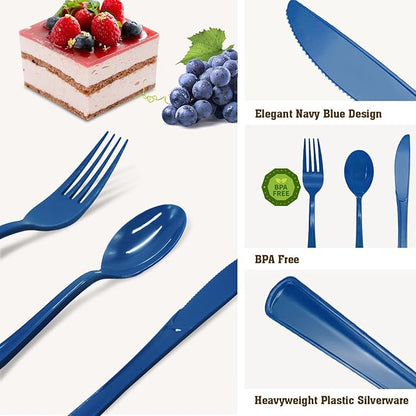 150 Pack Blue Plastic Silverware, Navy Blue Plastic Utensils Heavy Duty, 50 Forks, 50 Knives, 50 for Birthday, Graduation, Baby Shower