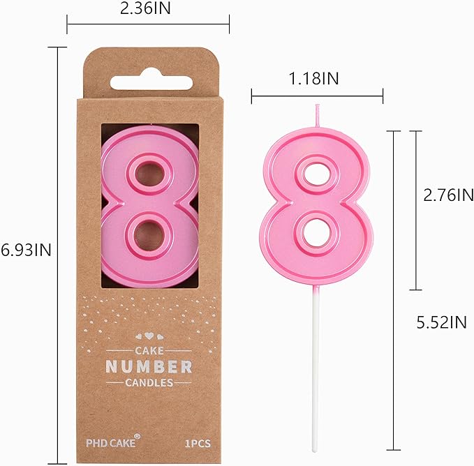PHD CAKE 2.76 Inch Luxe Pink 8 Number Birthday Candles, Pink Number Candle, Cake Number Candles, Party Celebration