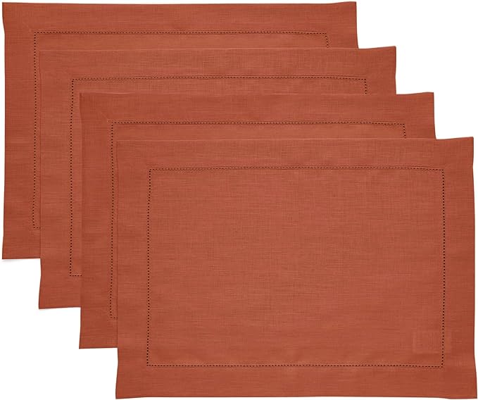 Solino Home Linen Placemats Set of 4 - Classic Hemstitch Cinnamon Placemats 14 x 19 Inch - 100% Pure Linen Table Mats for Fall, Autumn, Winter