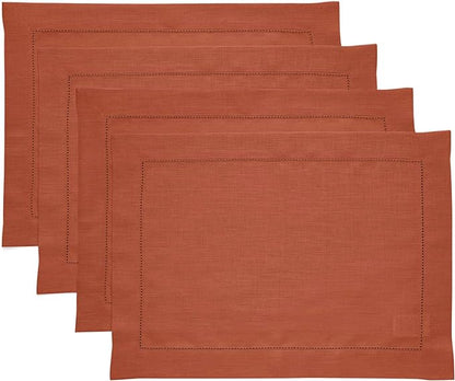 Solino Home Linen Placemats Set of 4 - Classic Hemstitch Cinnamon Placemats 14 x 19 Inch - 100% Pure Linen Table Mats for Fall, Autumn, Winter
