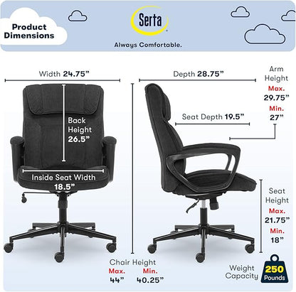Serta® Hannah Executive Home Office Desk Chair, Ergonomic Mid-Back with Lumbar Support, Firm Seat Cushion, Layered Body Pillows, Padded Armrests, Swivel Base, Easy Assembly, Microfiber, Charcoal Gray