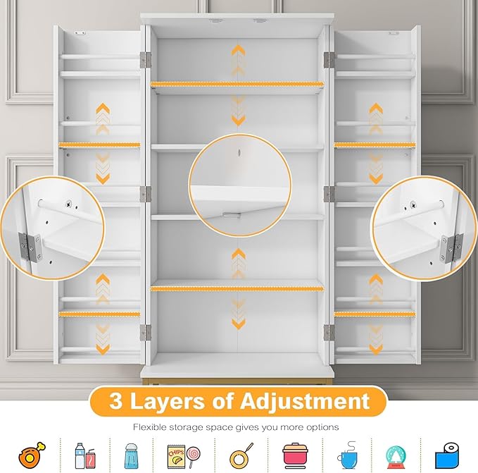 51” Kitchen Pantry Storage Cabinet, White Freestanding Pantry Cabinets with Doors and Adjustable Shelves, Buffet Cupboards Storage Cabinet for Home Office Use, Dinning Room(White + Gold)