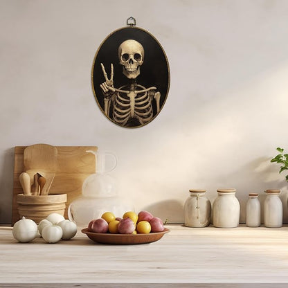 CUANFDDSF Funny Gothic Skeleton Oval Wall Art Decor, Gothic Moody Wall Hanging Decor, Spooky Dark Academia Skeleton Framed Canvas Prints for Home Bedroom Living Room, 8.6x11.4 Inch