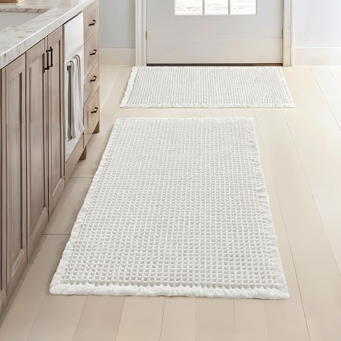 MIULEE Set of 2 Waffle Bathroom Rugs, Boho Bath Rugs Non Slip Washable, Super Absorbent Bath Mats, Ultra Soft Rubber Backed Shower Mats for Bathroom Floor, Tub, White, 17"x24"+18"x30"