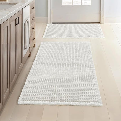 MIULEE Set of 2 Waffle Bathroom Rugs, Boho Bath Rugs Non Slip Washable, Super Absorbent Bath Mats, Ultra Soft Rubber Backed Shower Mats for Bathroom Floor, Tub, White, 17"x24"+18"x30"