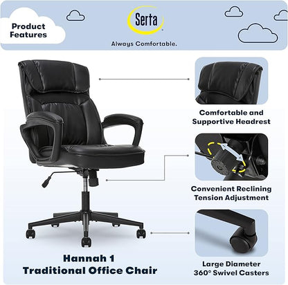 Serta Hannah Executive Home Office Desk Chair, Ergonomic Mid-Back with Lumbar Support, Firm Seat Cushion, Layered Body Pillows, Padded Armrests, Swivel Base, Easy Assembly, Bonded Leather, Black