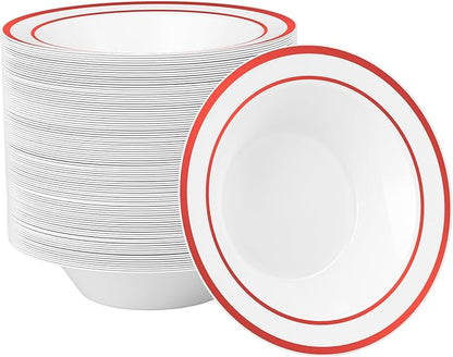 Goodluck 100 Pack Plastic Bowls with Red Rim, 12oz Disposable Soup Bowls, Heavy Duty Dessert Bowls for Weddings, Parties, Christmas Dinners, Catering, Thanksgiving and Everyday Use