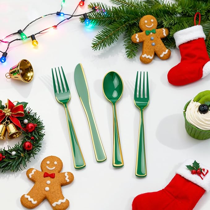 WDF 180PCS Green Plastic Silverware - Green Utensils 60 Forks, 60 Knives and 60 Spoons - Heavy Duty Christmas Plastic Cutlery for Party Supplies/Christmas