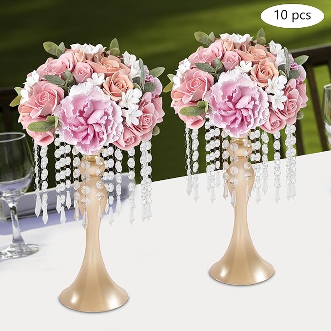 Wedding Centerpieces Gold Vases,10PCS Metal Flower Candle Holder with Sparkling Crystal Beads,Crystal Flower Vase Metal Flowers Stand for Party Tables Decorations