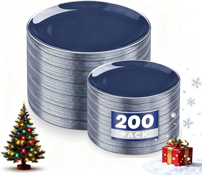 KIRE 200PCS Blue Plastic Plates with Silver Rim - Navy Blue Plastic Plates Include 100 Dinner & Dessert Plate - Heavy Duty Dark Blue Disposable Plate for Hanukkah/Parties/Wedding