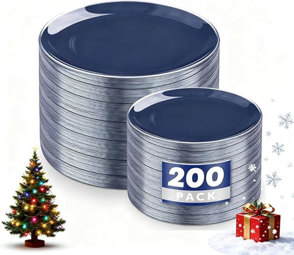 KIRE 200PCS Blue Plastic Plates with Silver Rim - Navy Blue Plastic Plates Include 100 Dinner & Dessert Plate - Heavy Duty Dark Blue Disposable Plate for Hanukkah/Parties/Wedding