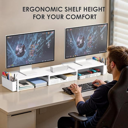 OPNICE Desk Organizers and Accessories, Dual Monitor Stand Riser with Drawer and 2 Pen Holders, Desk Shelf Metal Computer Racks for Office Workspace Organizers, Desktop Organization (White Metal)