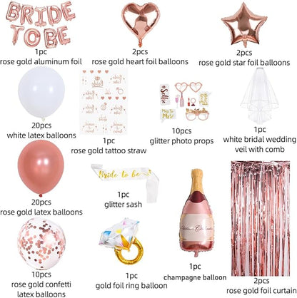 EFAILY Bachelorette Party Decorations - Rose Gold Bridal Shower Party Decor and Supplies Kit Bride To Be Sash, Veil, Temporary Tattoos, Confetti Balloons Pack Fringe Curtain.