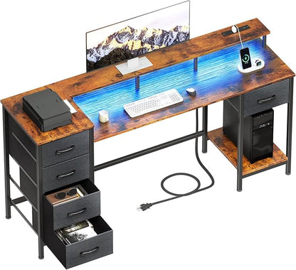 55 Inch Gaming Desk with Power Outlets and LED Lights, Reversible Computer Desk with 5 Fabric Storage Drawers, Home Office Desk with Monitor Stand for Working Writing Study, Rustic Brown