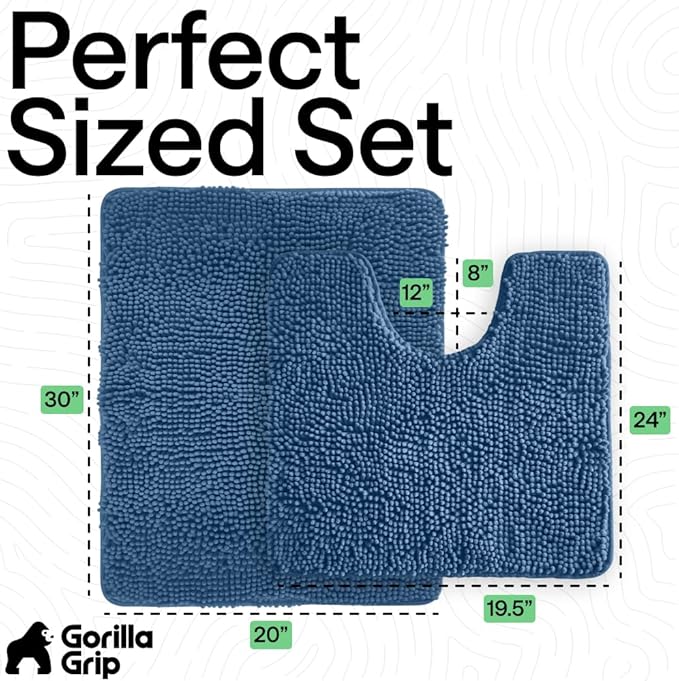 GORILLA GRIP Bathroom Rug Sets, Soft Chenille 2 Piece Area Rugs Set, Toilet Base Mat and 30x20 Carpet, Absorbent Microfiber Washable Mats Dry Quickly, Home Décor and Bath Room Accessories, Blue