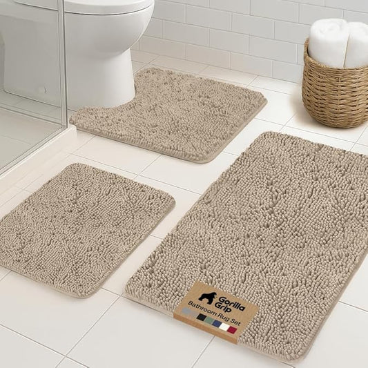 GORILLA GRIP Bathroom Rug Sets 3 Piece, Bath Mat Set and Oval Toilet Base with Rubber Backing, Plush Absorbent Shaggy Chenille Washable Mats, Includes 24x19.5, 24x17 and 30x20 Inch Rugs, Taupe
