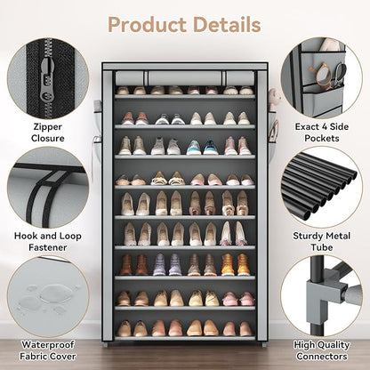 LANTEFUL Shoe Rack with Covers 10 Tier Tall Shoe Rack Organizer Large Capacity Shoe Shelf Storage 40 Pairs Space Saving Free Standing Shoe Storage Organizer for Closet, Entryway, Dorm, Grey