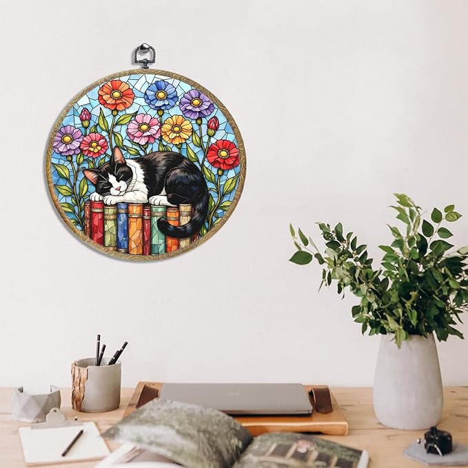 Cute Cat Decor Cat Stuff Accessories Book Lovers Gifts Reading Gifts Framed Round Wall Decor Canvas Wall Art Hanging Prints Artwork for Home Door Bedroom Porch Library Decorations 10.2X10.2 Inch