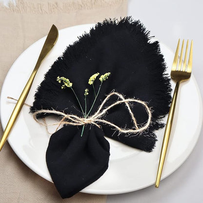 Handmade Cloth Napkins with Fringe,18 x 18 Inches Cotton Linen Napkins Set of 12 Versatile Handmade Square Rustic Fringe Napkins for Dinner, Wedding and Parties, Black