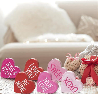 Smile Valentine's Day Heart - Shaped Wooden Block Decor, Be Mine XOXO Sweet & More Love Phrases, Valentine Indoor Decoration
