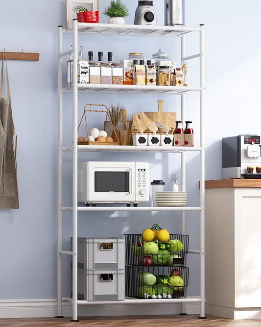Storage Shelves - 5 Tier Shelf Organizer, Heavy Duty Garage Shelving Unit with Leveling Feet, Stable Metal Shelves Organizer for Pantry, Kitchen and Closet, 33.0" W x 12.6" D x 72.0" H, White