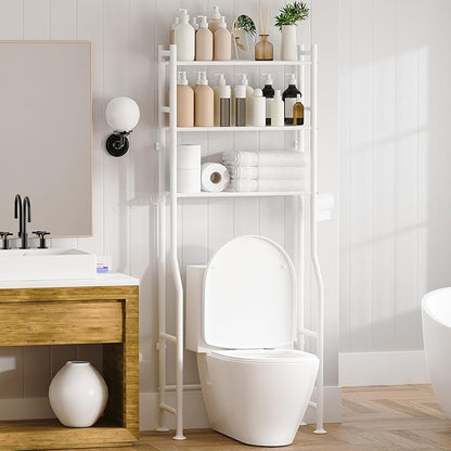 3-Tier Over Toilet Storage with Anti-Tilt Safety System - 150lb Total Capacity Metal Bathroom Shelves Including Paper Holder & 4 Hooks, Space Saving Above Commode Organizer (64" H, White)