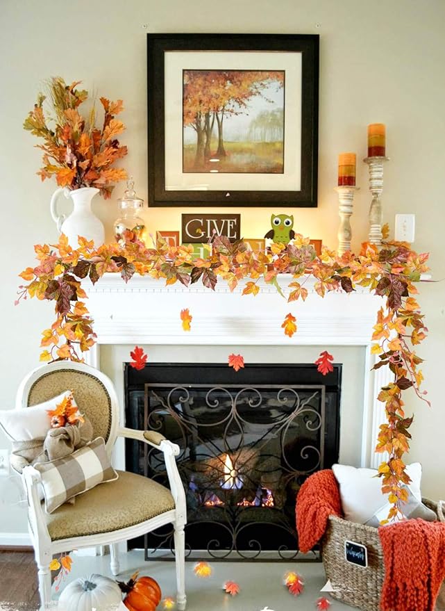 2 Pack Fall Maple Leaf Vine Clearance, 6.5 Ft/Piece Hanging Vine Garland Artificial Autumn Foliage Thanksgiving Decor for Home Wedding Fireplace Party