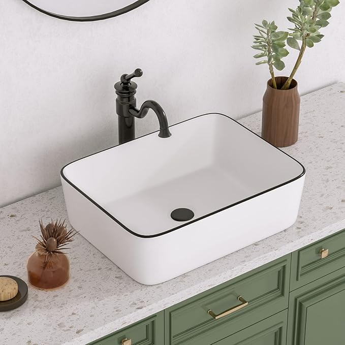 DeerValley 19" x 15" Bathroom Sink, Bathroom Vessel Sink Rectangular Above Counter Vessel Sinks, White Body Black Trim Vessel Sink, Porcelain Ceramic Vessel Vanity Sink Art Basin, DV-1V0002