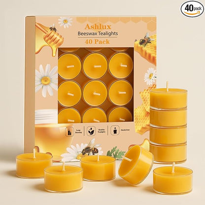 Unscented Beeswax Tea Lights Candles 40 Pack, 4 Hours Long Burning Handmade Yellow Tealight Candles, Clear Cup Smokeless Beeswax Candles for Wedding, Christmas Lights, Centerpiece & Home Decor