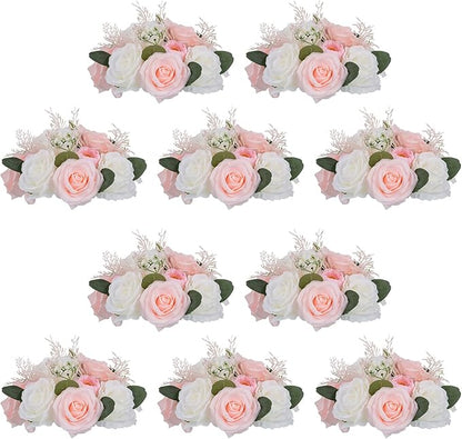 NUPTIO Flower Centerpieces for Tables Decorations: 10 Pcs Pink & White Artificial Rose Floral Arrangement for Wedding Party Centerpiece Decor 9.4 Inch Diameter