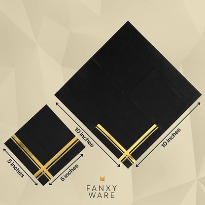 Gold on Black Cocktail Napkins - 100 Pack, 5" x 5", 3-Ply Paper - Style Name: Blissful Crossing