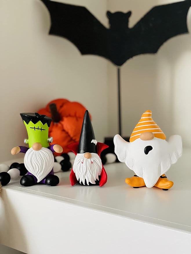 Madanar Resin Halloween Gnomes 3 Piece Set Tiered Tray Swedish Dwarf Shelf Kitchen Mantel Table Fall Home Decorations - Frankenstein, Ghost, Dracula (Halloween)