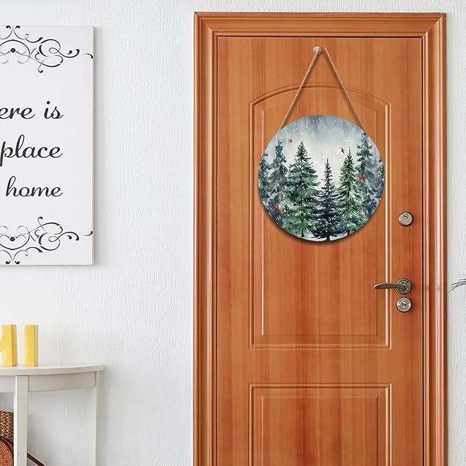 Winter Welcome Sign for Front Door Decor Winter Pine Trees Cardinal Wood Door Hanger for Outdoor Outside Porch Christmas Snowflakes Hanging Sign Xmas Holiday Wreath for Home Porch Wall 12”x12”