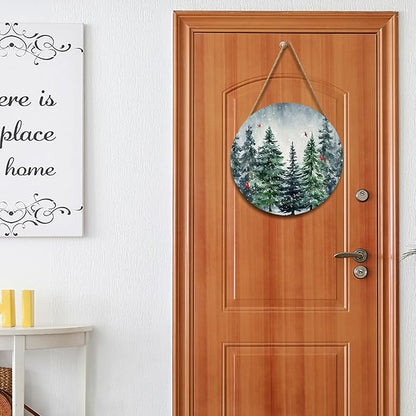 Winter Welcome Sign for Front Door Decor Winter Pine Trees Cardinal Wood Door Hanger for Outdoor Outside Porch Christmas Snowflakes Hanging Sign Xmas Holiday Wreath for Home Porch Wall 12”x12”