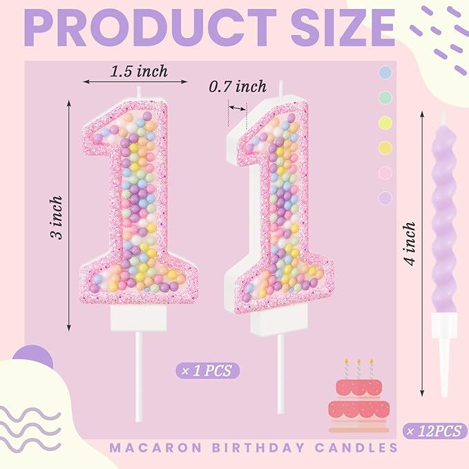 MTLEE Number 1 Birthday Candle with 12 Pcs Spiral Candles for Girls Macaron Pastel Rainbow Unicorn Pink Cake Topper for Sweet Theme Party Decoration