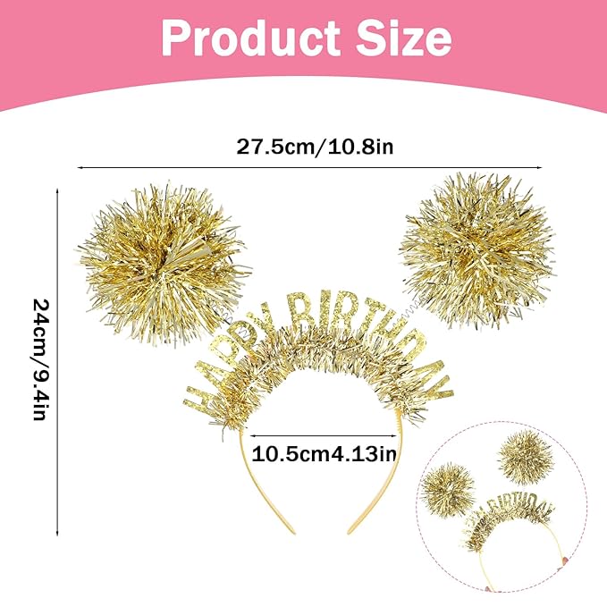 Birthday Crown for Girls and Women, Pom Pom Headband Happy Birthday Tiara Hair Headband Accessories for Adults Kids(Gold)