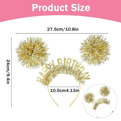 Birthday Crown for Girls and Women, Pom Pom Headband Happy Birthday Tiara Hair Headband Accessories for Adults Kids(Gold)