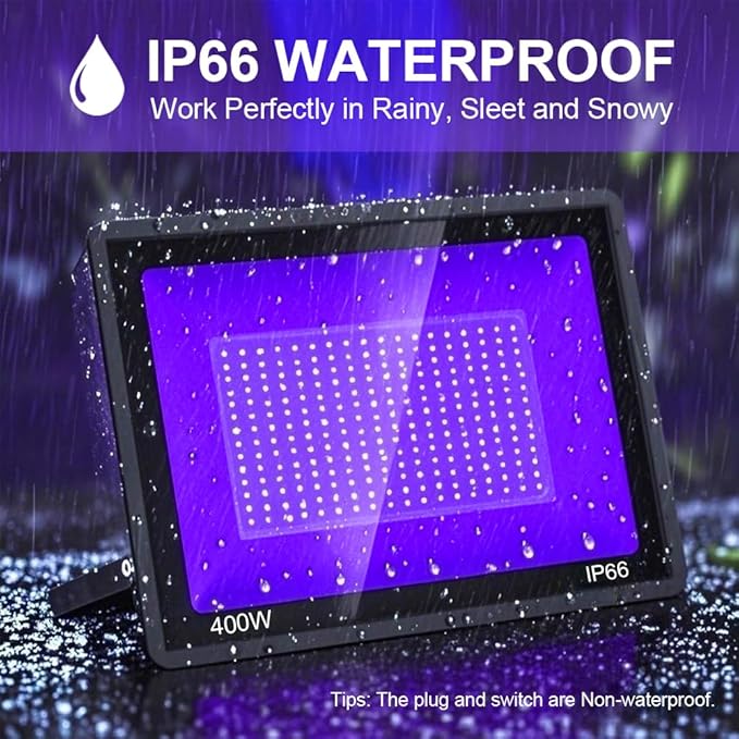 2 Pack 400W LED Black Lights, Outdoor 395nm Black Flood Light with Plug and Switch, IP66 Waterproof Blacklight Spotlight UV Neon Glow Floodlight for Glow Party, Halloween, Body Paint